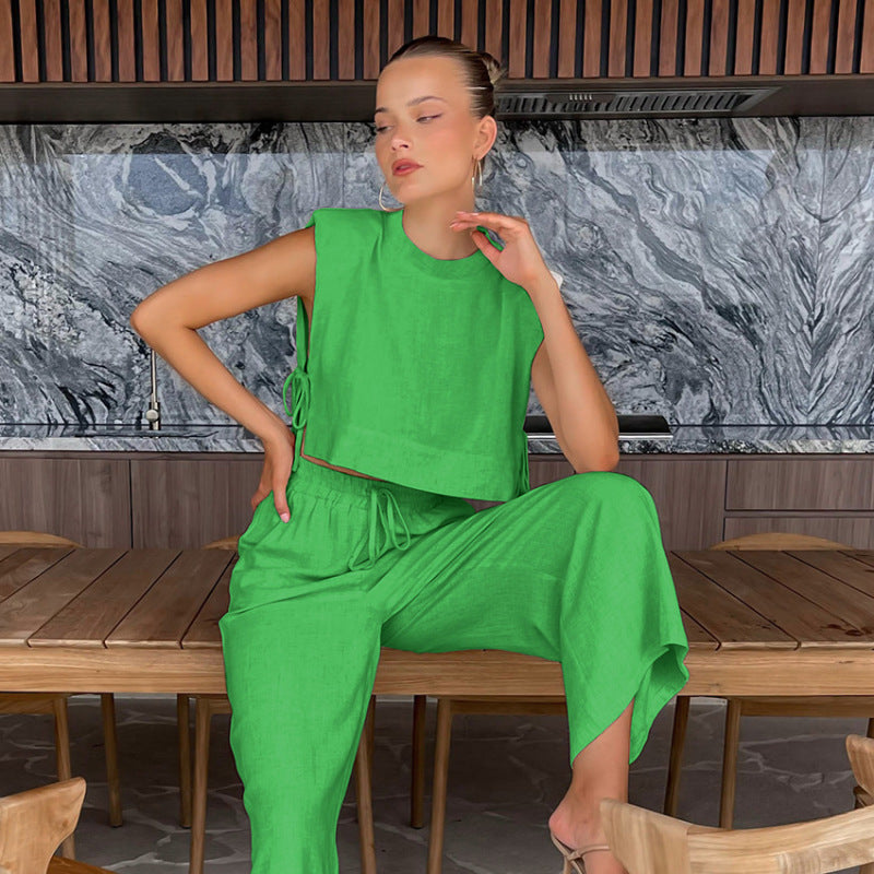 Women Casual Fashion Solid Color Cotton Linen Sleeveless Blouse And Pants Vacation Set