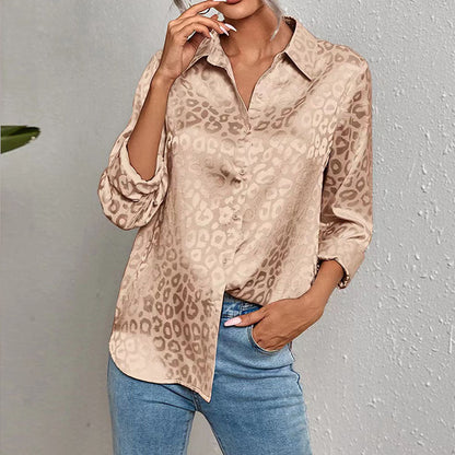 Women Casual Long-Sleeved Lapel Elegant Satin Jacquard Leopard Blouse