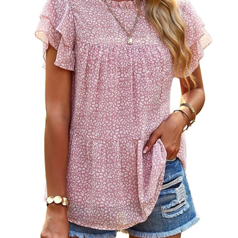 Women Casual Floral Print Ruffled Short Sleeve Round Neck Blouse