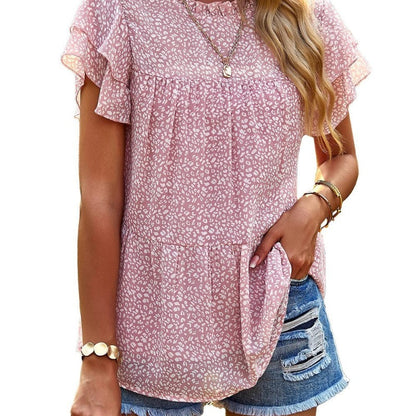 Women Casual Floral Print Ruffled Short Sleeve Round Neck Blouse