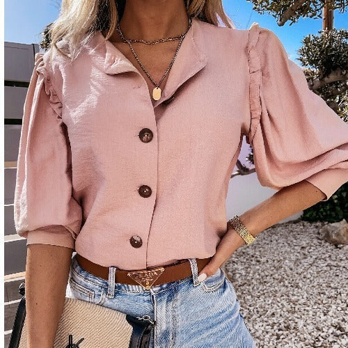 Women Elegant Basic Casual Solid Color Short Sleeves Ruffled Blouse