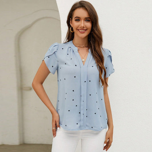 Women Casual V-Neck Heart Print Short-Sleeve Blouses
