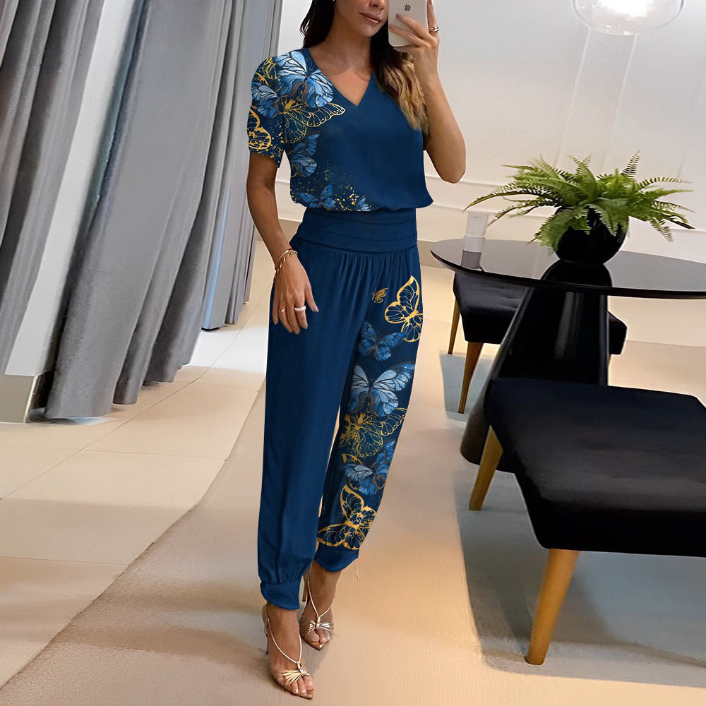 Women Fashion Casual V-Neck Color Blocking Printed Short-Sleeved V Neck Blouse Pants Two-Piece Set