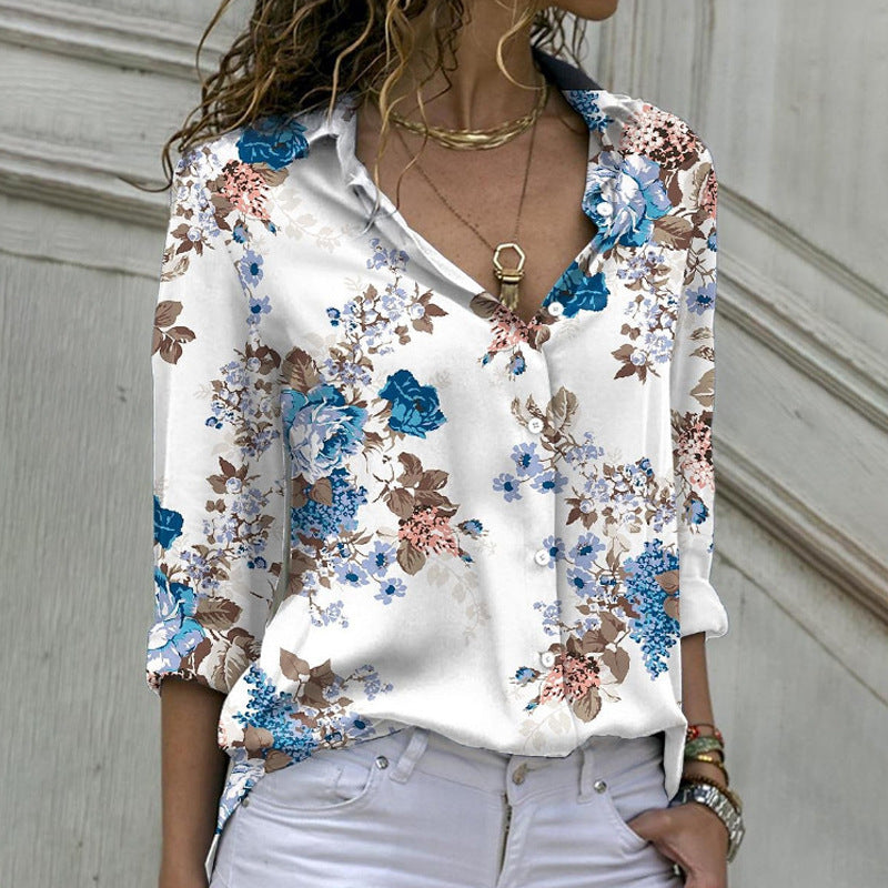 Fashion Casual Floral Print Women Long Sleeve Shirt Blouse