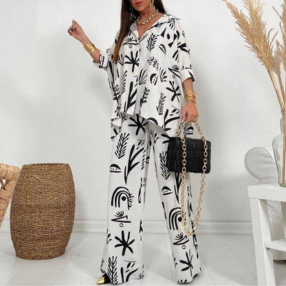 Women Printed Loose Casual Long Sleeve Shirt Blouse Top And Pants Two Piece Set