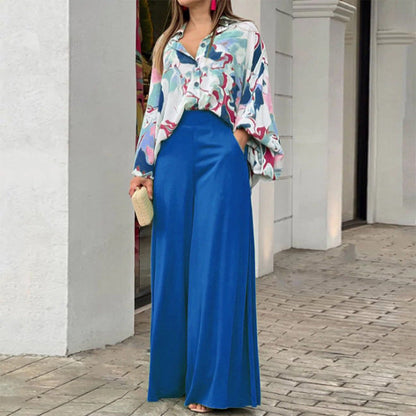 Summer Women Loose Casual Printed Blouse Wide Leg Pants Two Piece Set