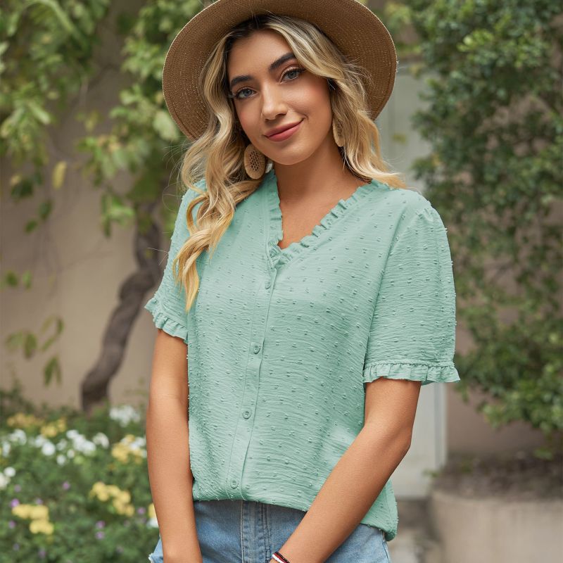 Womensummer Casual V Neck Floral Chiffon Short Sleeve Solid Color Blouse