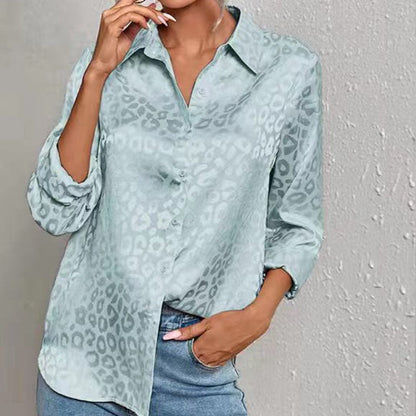 Women Casual Long-Sleeved Lapel Elegant Satin Jacquard Leopard Blouse
