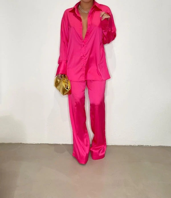Summer Women Casual Basic Fashion Multicolor Satin Loose Long Sleeves Blouse And Pants Set