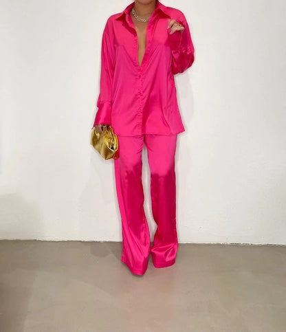 Summer Women Casual Basic Fashion Multicolor Satin Loose Long Sleeves Blouse And Pants Set