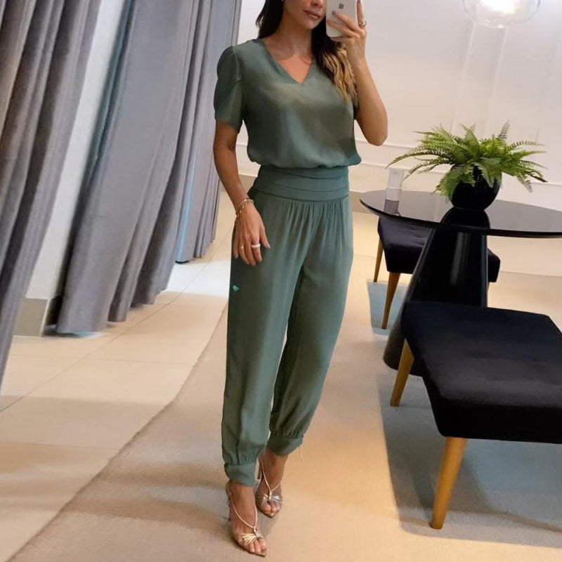 Women Fashion Casual V-Neck Color Blocking Printed Short-Sleeved V Neck Blouse Pants Two-Piece Set