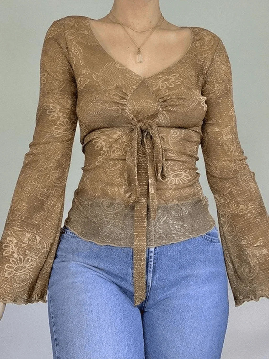 Mesh Lace Up Printed Blouse