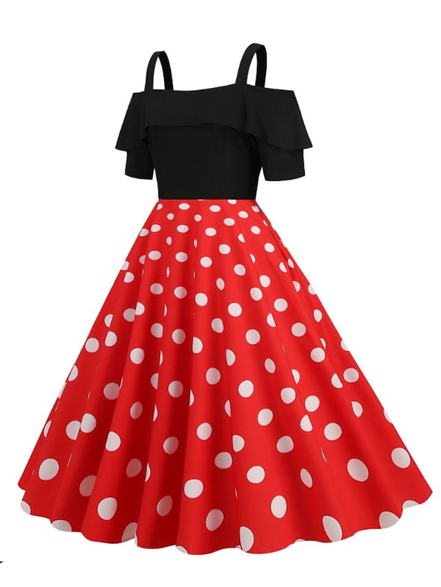 1950s Vintage Vintage Dress Midi Dress Holiday Date Ruched Print Polka Dot Spaghetti Strap Short Sleeve Regular Fit Summer Spring  Black Yellow S M L XL for Women