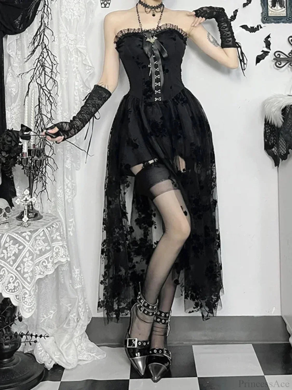 Obscure Blooms Net Bodice Midi Dress