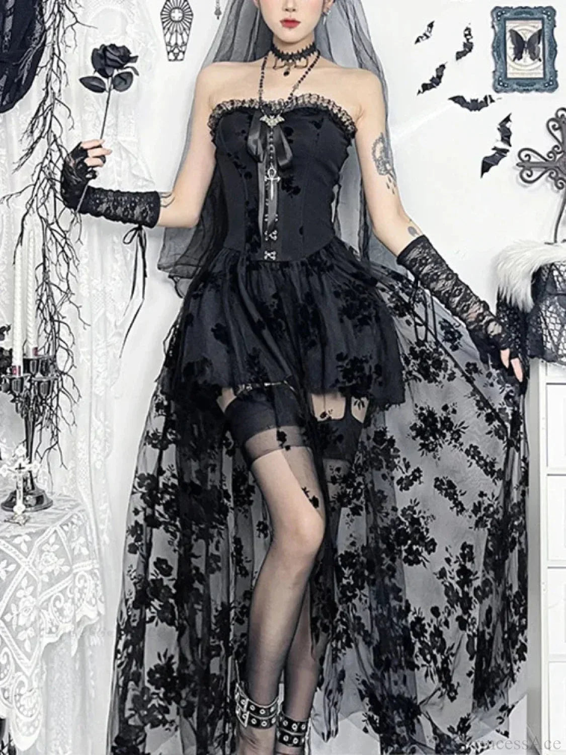 Obscure Blooms Net Bodice Midi Dress