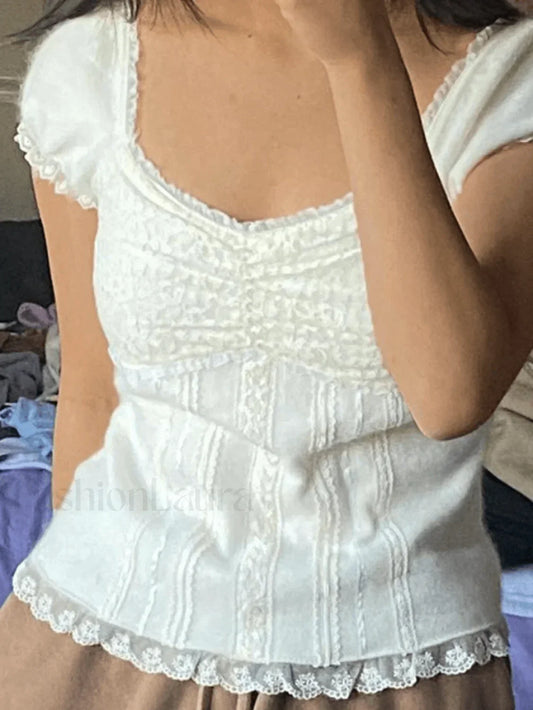 Paneled Lace White Puff Sleeve Blouse