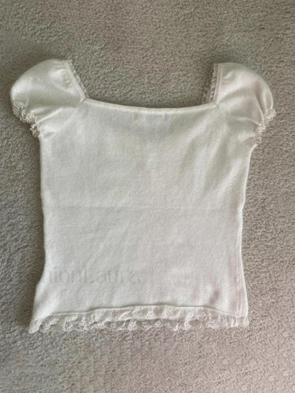 Paneled Lace White Puff Sleeve Blouse