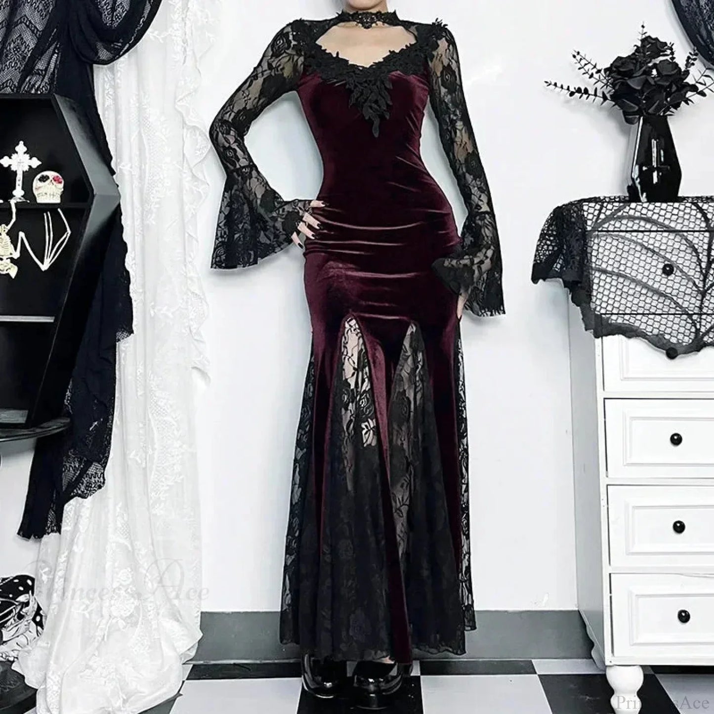 Patchwork Velvet Long Sleeve Midi Dress