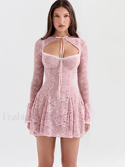 Pink Floral Flare-Sleeve Mini Dress