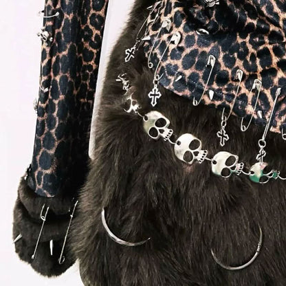 Leopard print long sleeve fluffy skull applique mini skirt set  | Festival Outfits Women  | Leopard Print Mini Dress