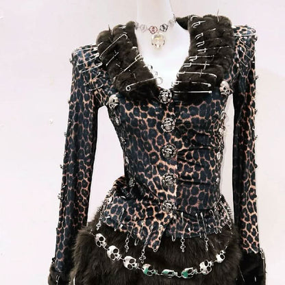 Leopard print long sleeve fluffy skull applique mini skirt set  | Festival Outfits Women  | Leopard Print Mini Dress