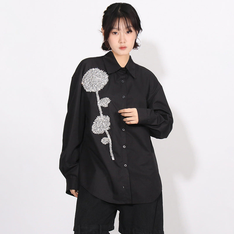 Women Fashion Casual Loose Rhinestone Flower Lapel Long-Sleeve Blouse