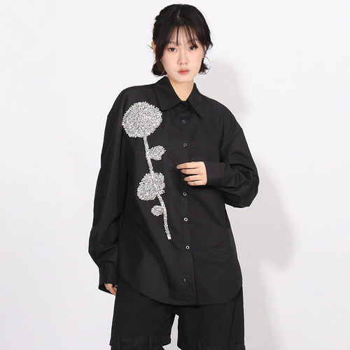 Women Fashion Casual Loose Rhinestone Flower Lapel Long-Sleeve Blouse