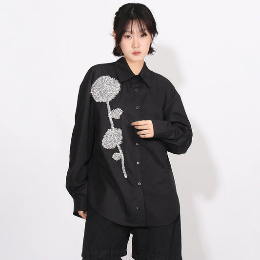 Women Fashion Casual Loose Rhinestone Flower Lapel Long-Sleeve Blouse