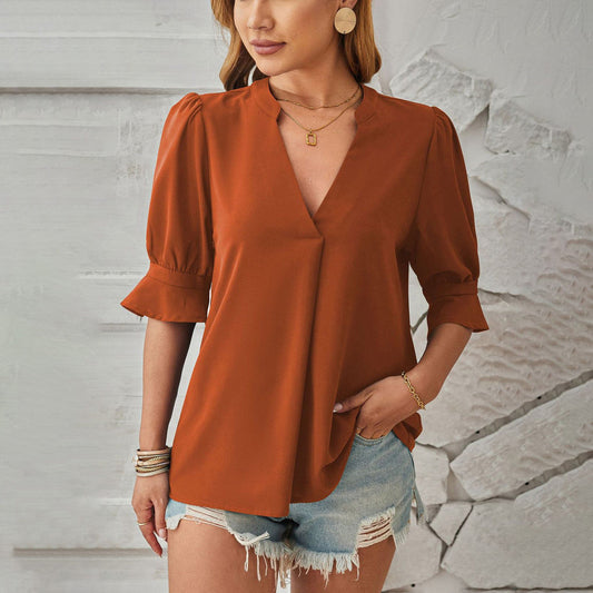 Women Fashion Casual Solid Color V-Neck Short-Sleeve Blouse