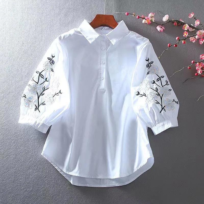 Women Fashion Casual Flower Embroidered Lapel Lantern Sleeve Loose Blouse