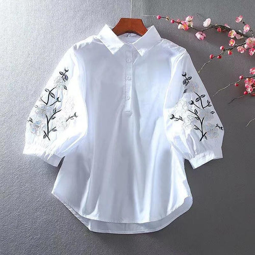 Women Fashion Casual Flower Embroidered Lapel Lantern Sleeve Loose Blouse
