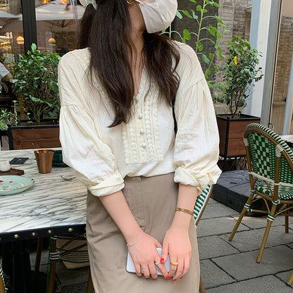 Women Casual Elegant Lace V-Neck Long-Sleeve Blouse