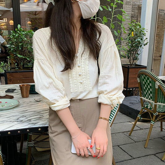 Women Casual Elegant Lace V-Neck Long-Sleeve Blouse