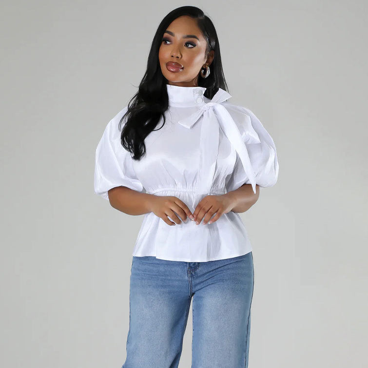 Women Fashion Casual Floral Printed Stand Neck Lace-Up Short-Sleeve Blouse
