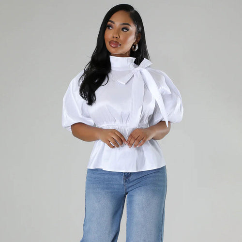Women Fashion Casual Floral Printed Stand Neck Lace-Up Short-Sleeve Blouse
