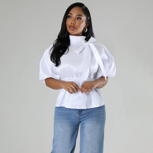 Women Fashion Casual Floral Printed Stand Neck Lace-Up Short-Sleeve Blouse