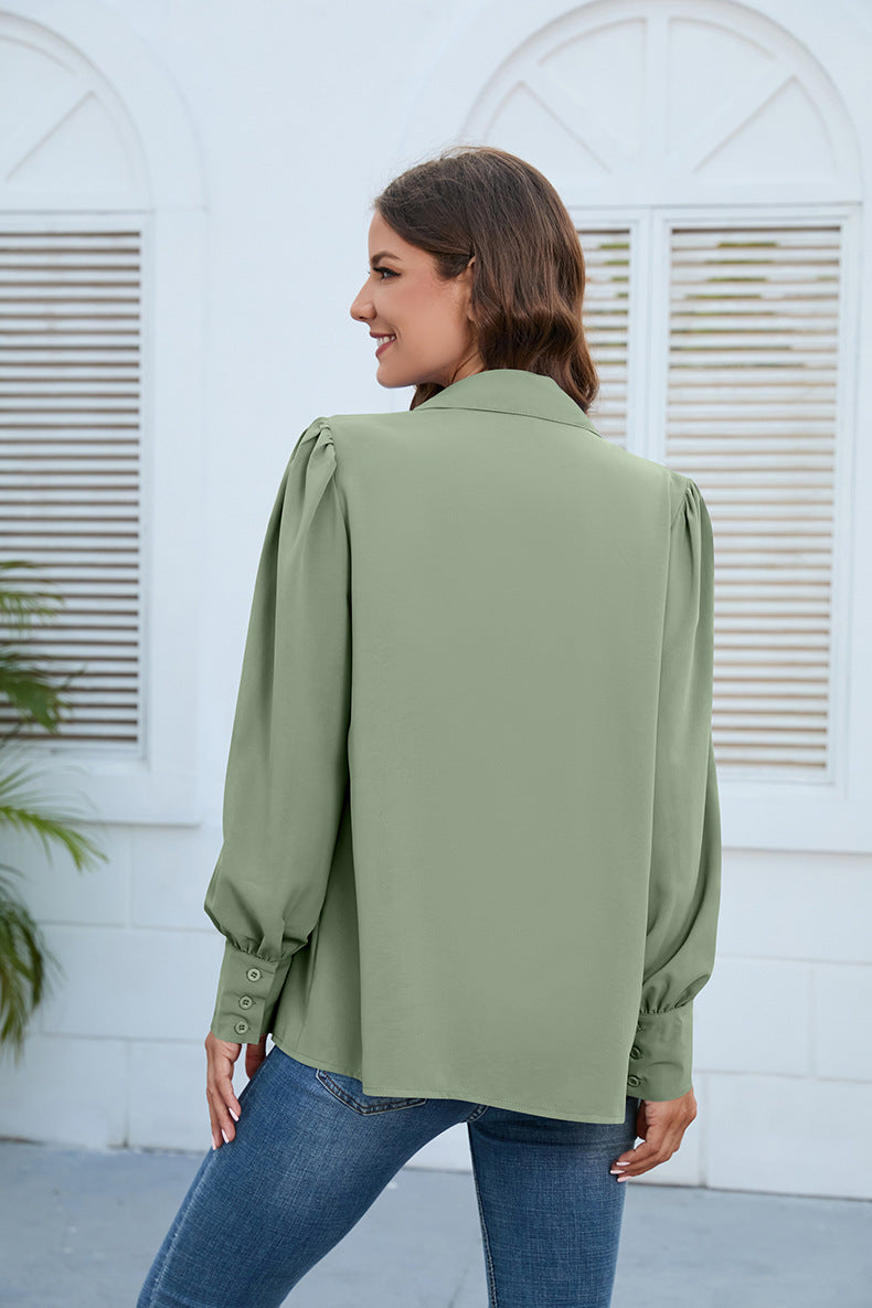 Women Casual Solid Color Chiffon Pleated Long Sleeve Plus Size Blouse