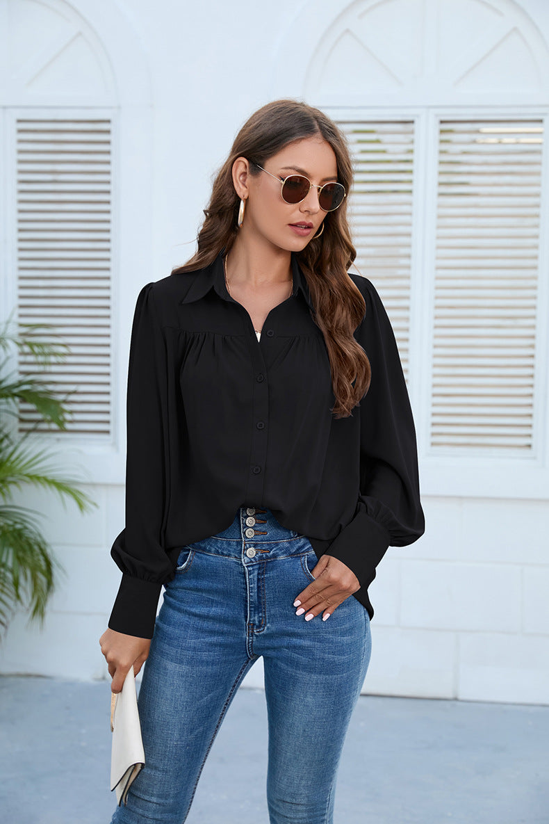 Women Casual Solid Color Chiffon Pleated Long Sleeve Plus Size Blouse
