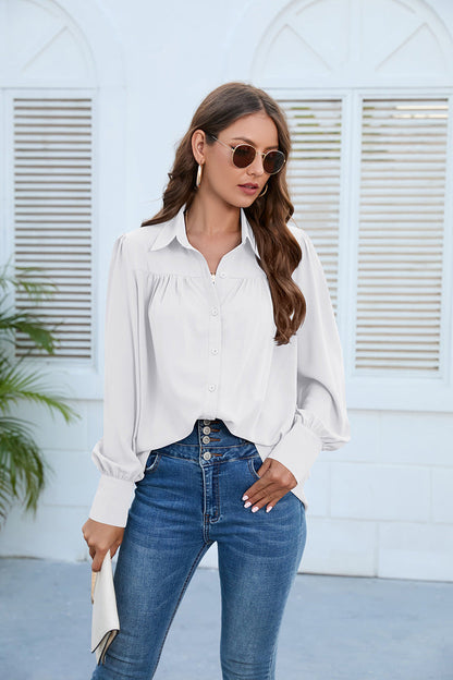 Women Casual Solid Color Chiffon Pleated Long Sleeve Plus Size Blouse