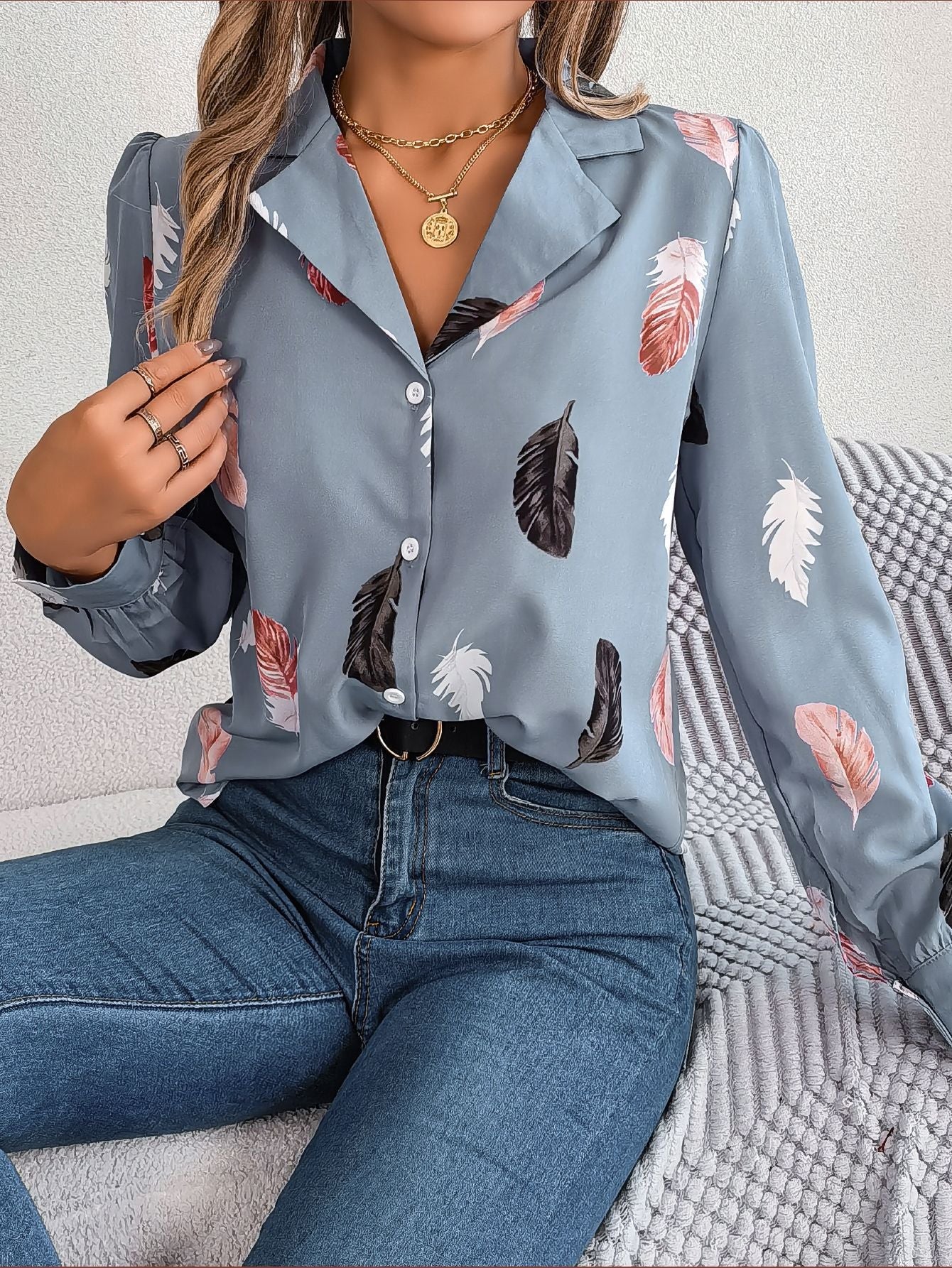 Women Fashion Casual Feather Print Long Sleeve Blouse