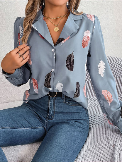 Women Fashion Casual Feather Print Long Sleeve Blouse