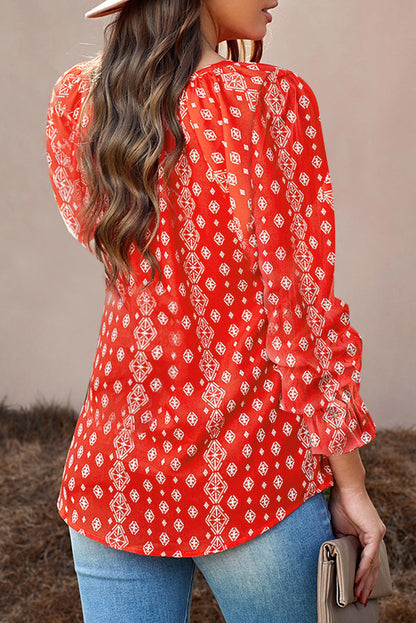 Women Fashion Casual Floral Printed V-Neck Long Sleeve Blouse