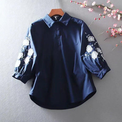 Women Fashion Casual Flower Embroidered Lapel Lantern Sleeve Loose Blouse