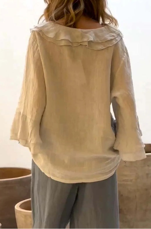 Women Fashion Casual Solid Color V-Neck Ruffled Long Sleeve Loose Blouse