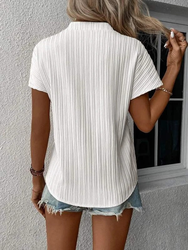 Women Fashion Casual Solid Color V-Neck Stripe Short Sleeve Blouse