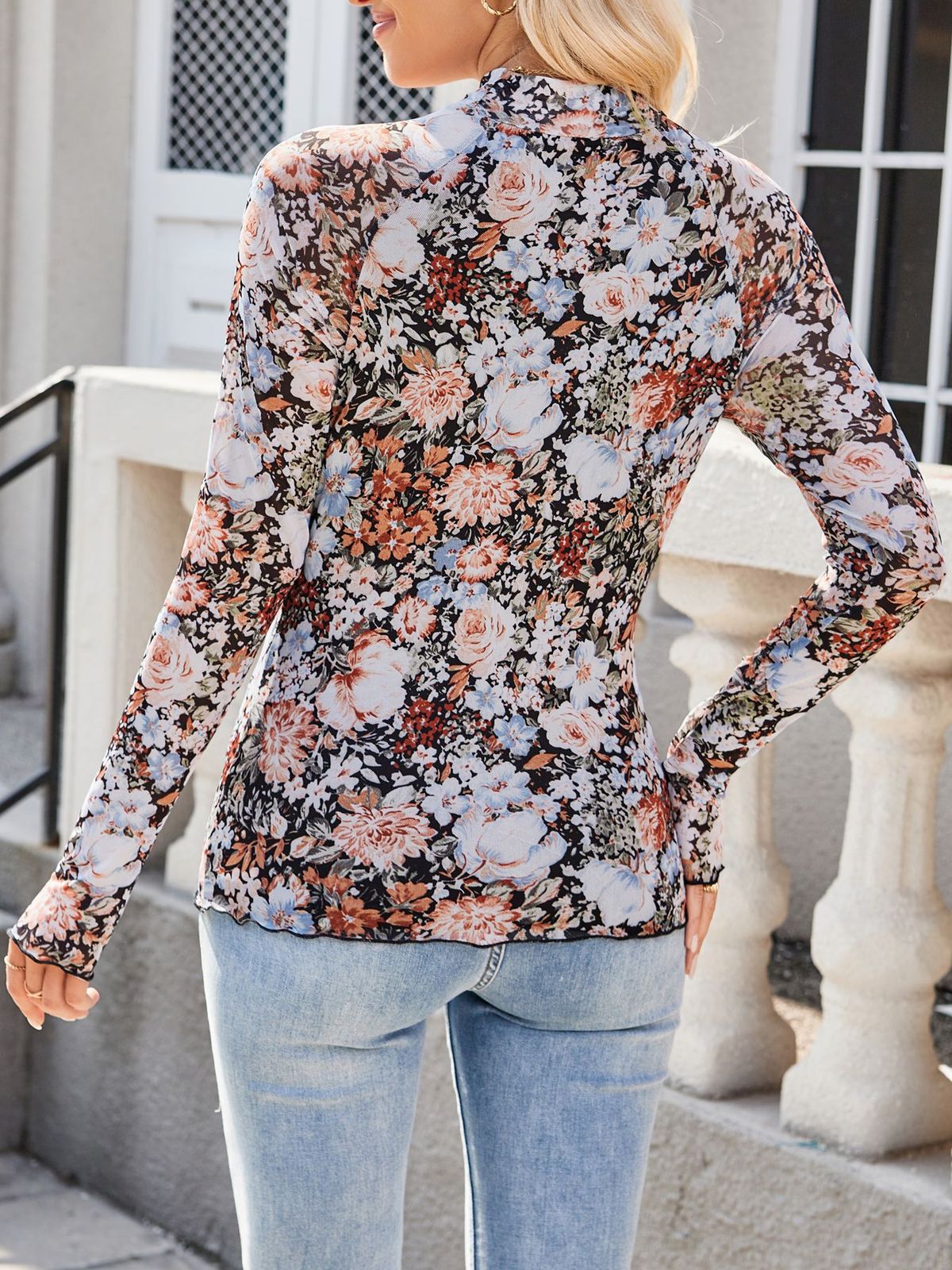 Women Fashion Casual Floral Printed Lace Mesh Long Sleeve Blouse