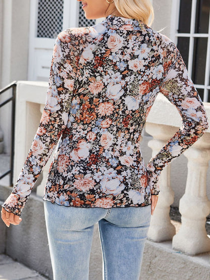 Women Fashion Casual Floral Printed Lace Mesh Long Sleeve Blouse