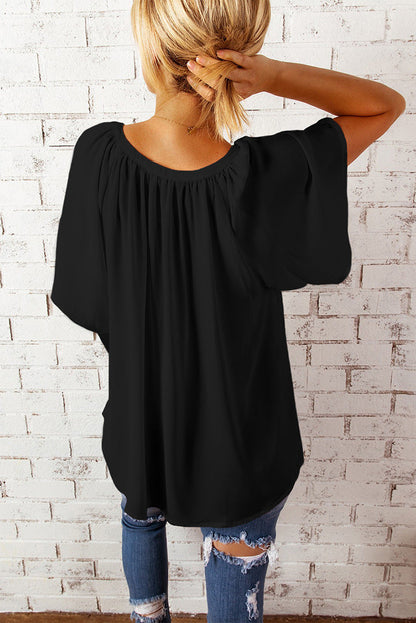 Women Casual Loose Solid Color V-Neck Short-Sleeve Blouse