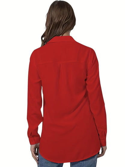Women Casual Simple Solid Color Lapel Long Sleeve Blouse