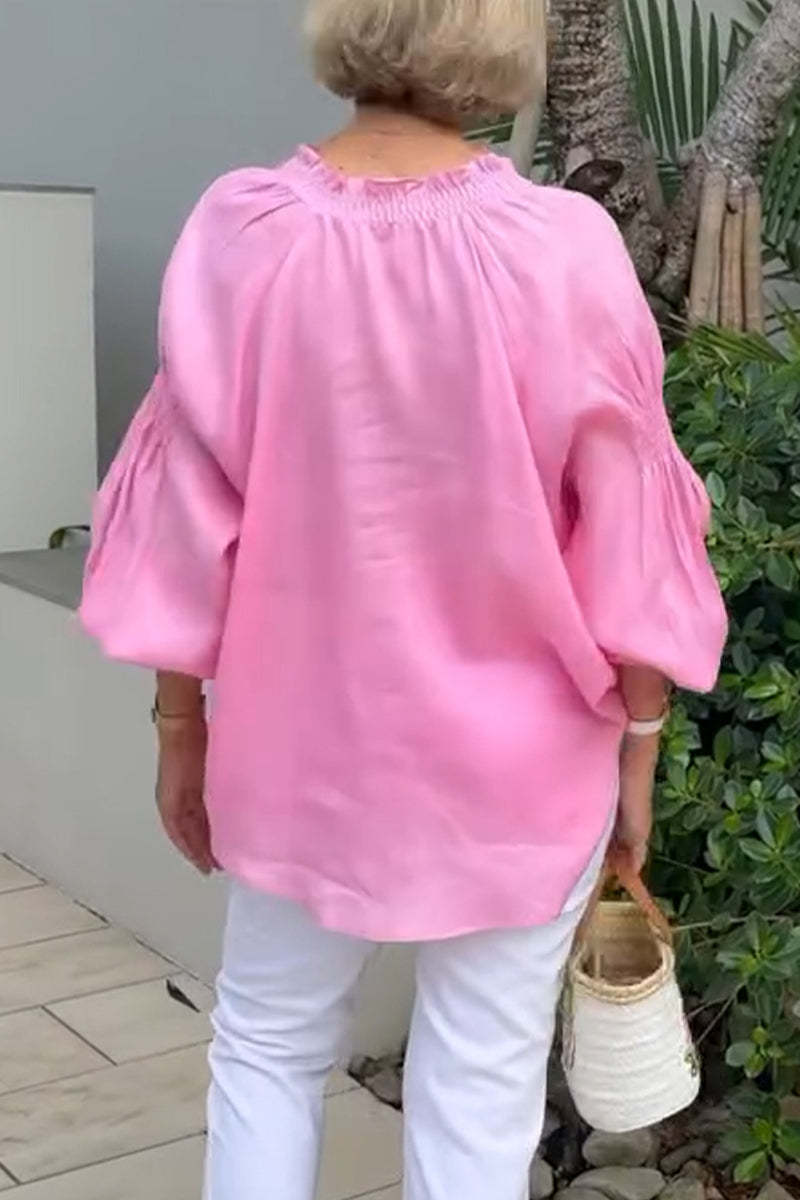 Women Fashion Casual Solid Color Cotton And Linen V-Neck Long Sleeve Blouse